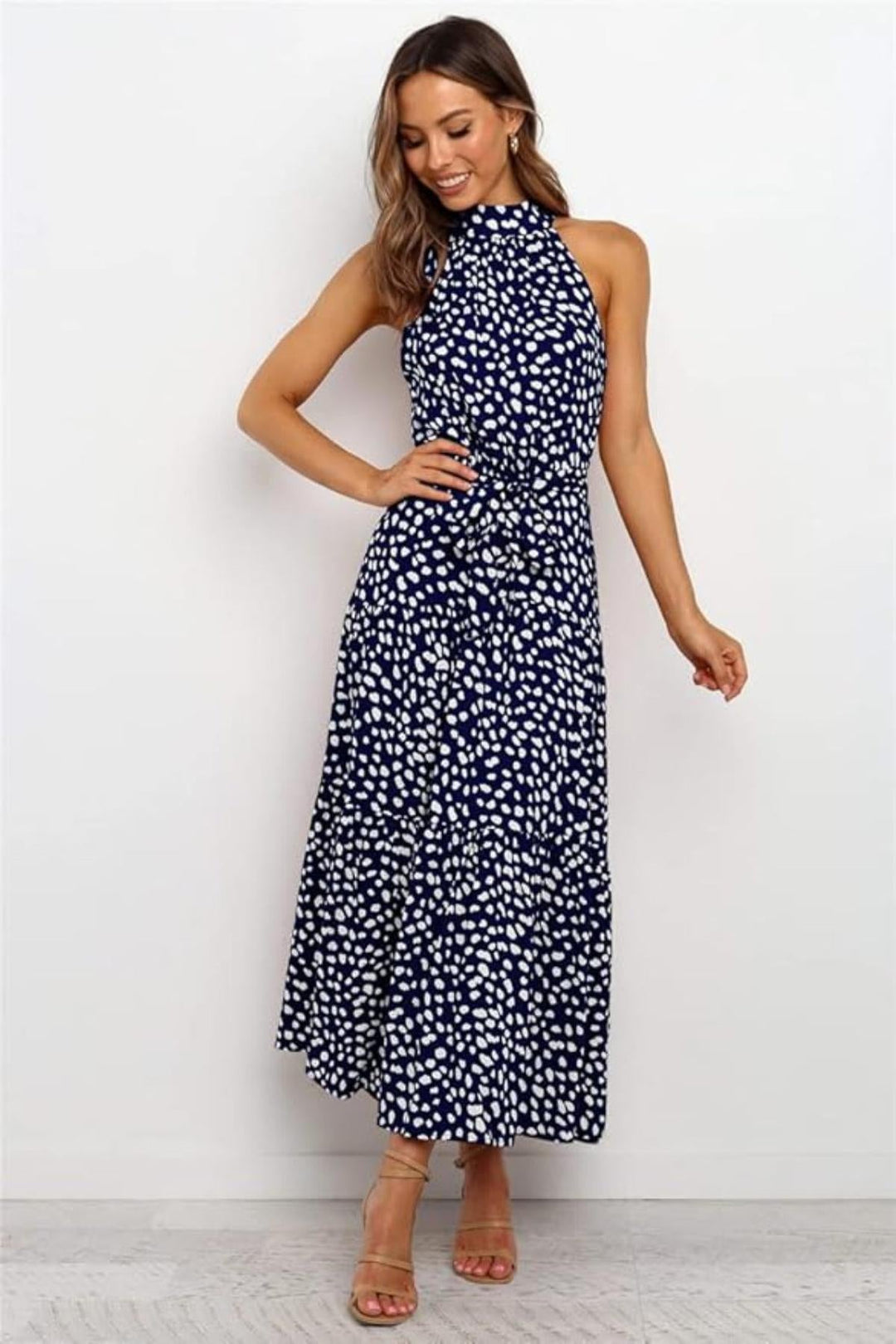Chic Collection | Women's Summer Dress with Adjustable Waist Tie | Elegant Polka Dot Midi for Effortless Style 3