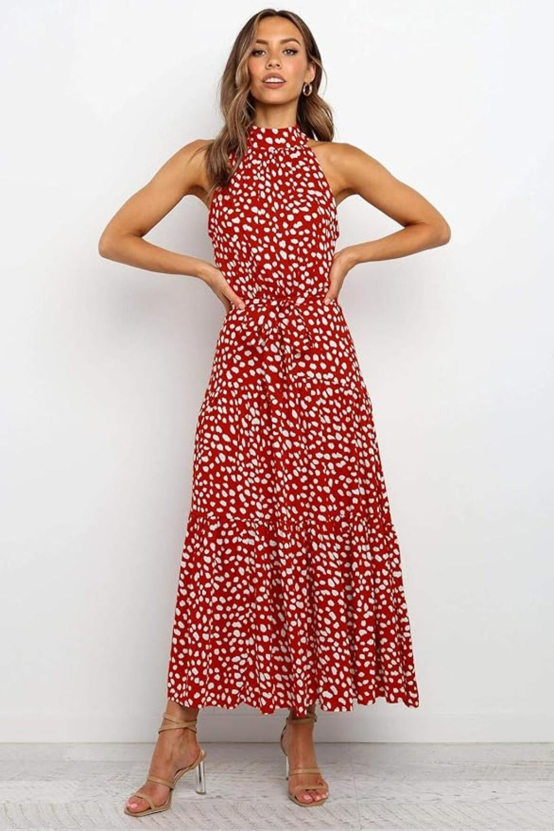 Chic Collection | Women's Summer Dress with Adjustable Waist Tie | Elegant Polka Dot Midi for Effortless Style 9