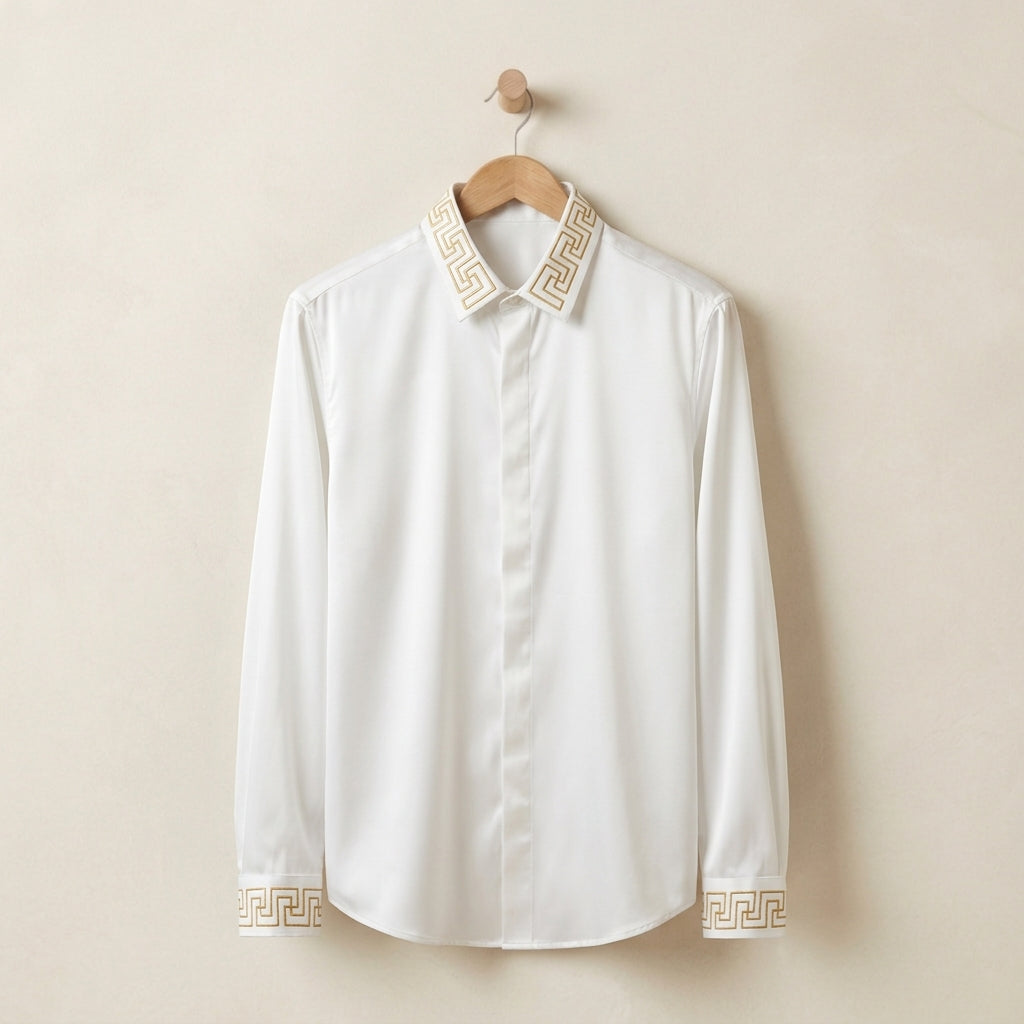 Cotton-Blend | Men's Long Sleeve Shirt with Embroidered Collar | Stylish Smart-Casual Top for Versatile Occasions 0
