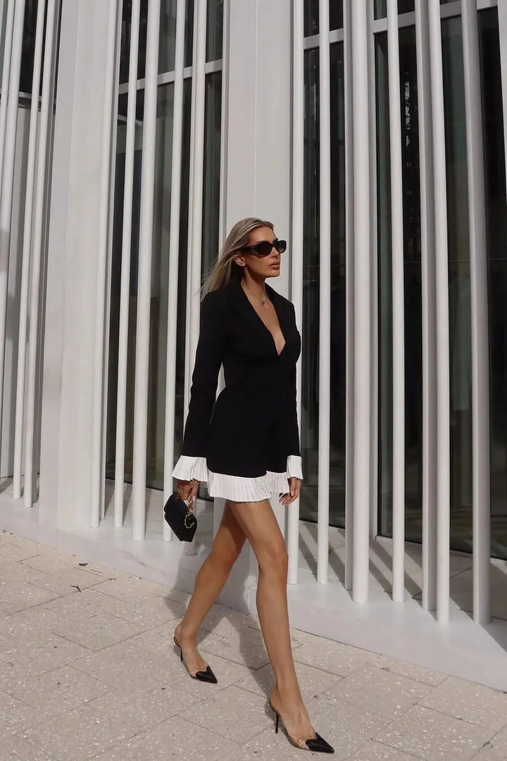 Elegant Collection | Black Mini Dress with V-Neck & Pleated Design | Chic Style for Upscale Events 1