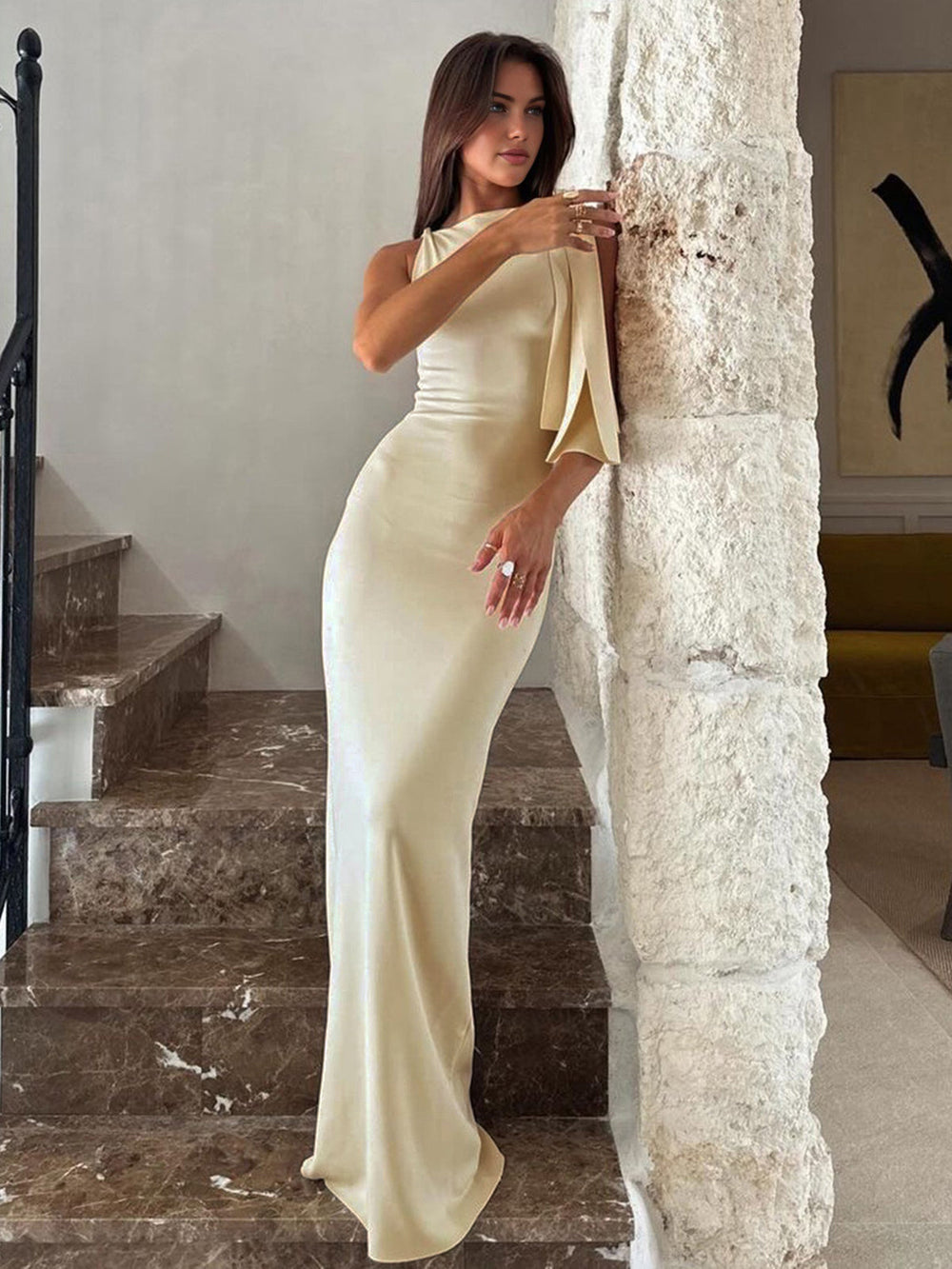 Elegant Collection | White Maxi Dress with Asymmetric Neckline | Flattering Long Dress for Formal Events 1