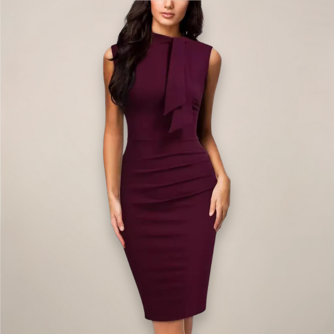 Elegant Collection | White Midi Dress with Draped Bow Detail | Sophisticated Fit for Work and Events 0