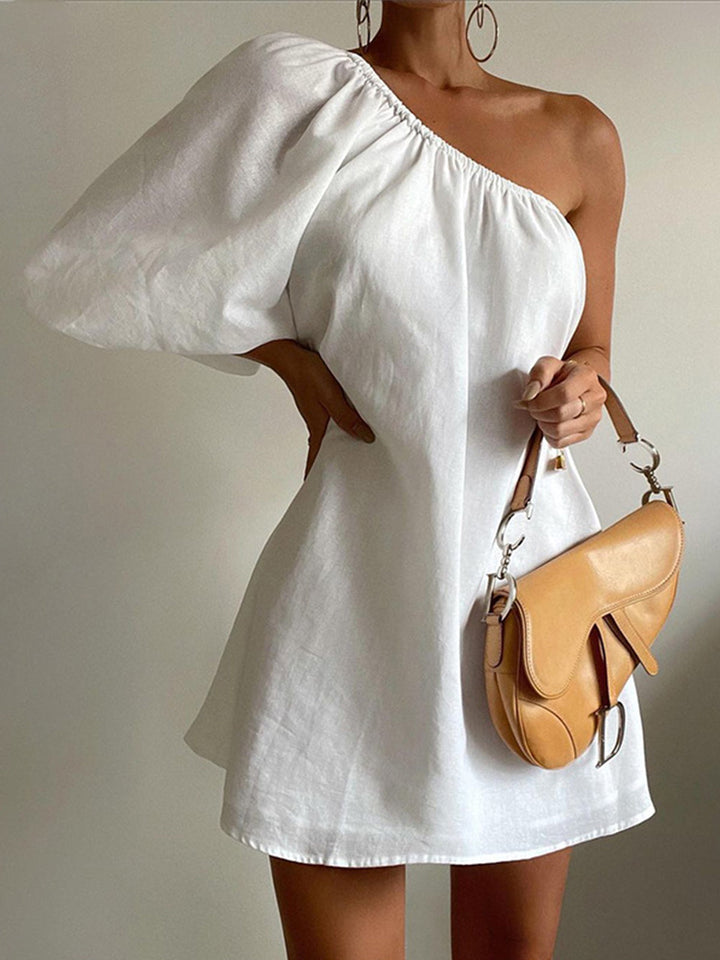Elegant Collection | Women's White Dress with One Sleeve Design | Chic Cotton Linen for Effortless Style 0