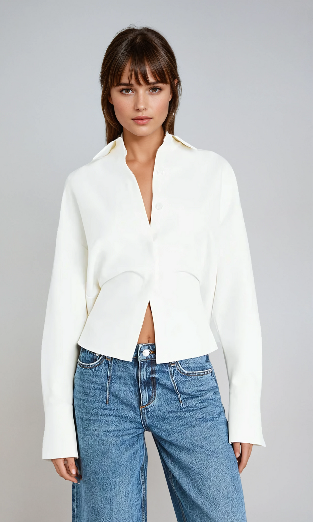 Elegant Draped Women's Button Down Shirt with Sculpted Seams for Effortless Style 0