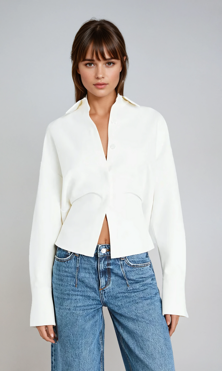 Elegant Draped Women's Button Down Shirt with Sculpted Seams for Effortless Style 0