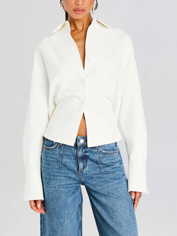 Elegant Draped Women's Button Down Shirt with Sculpted Seams for Effortless Style 1