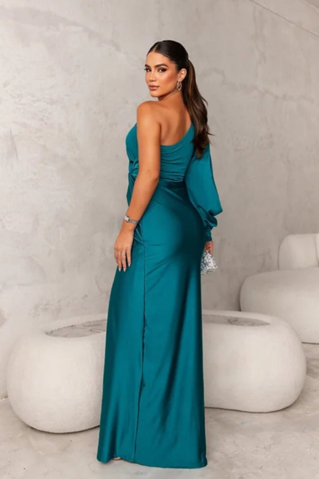 Elegant Evening Gowns | Asymmetrical Satin Design with Front Slit | Sophisticated Look for Special Occasions 1