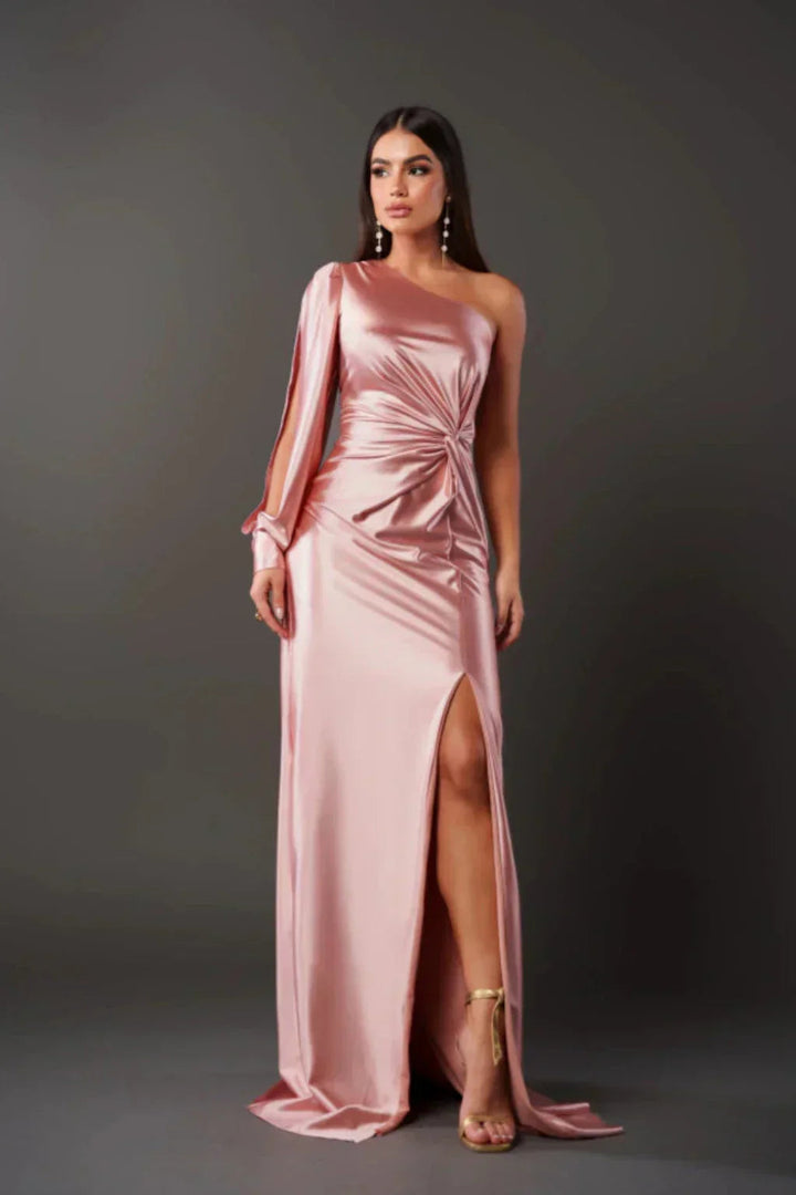 Elegant Evening Gowns | Asymmetrical Satin Design with Front Slit | Sophisticated Look for Special Occasions 7
