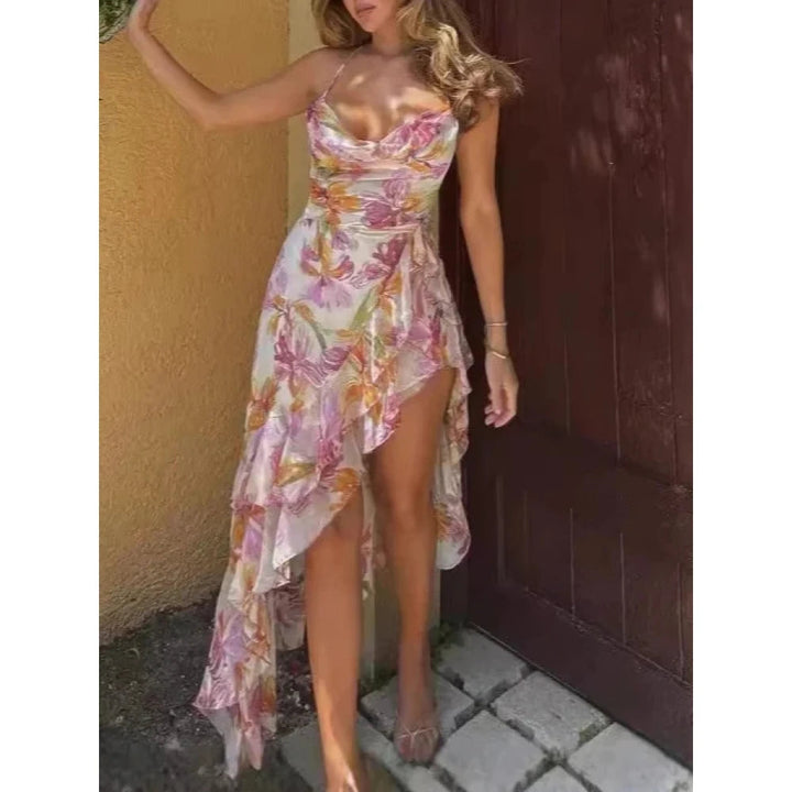Elegant Floral Midi Dress | Women's Dress with Draped Neckline & Asymmetric Hem for Effortless Summer Style 0