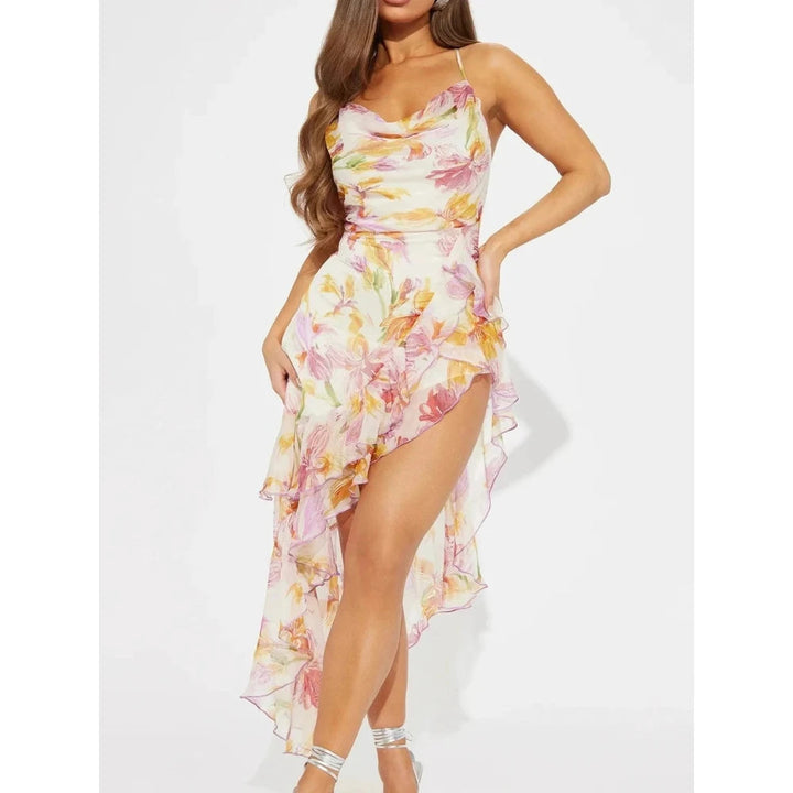 Elegant Floral Midi Dress | Women's Dress with Draped Neckline & Asymmetric Hem for Effortless Summer Style 1